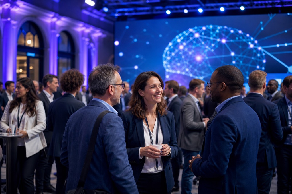 Sommet IA en France — professionnels en networking devant un hologramme de cerveau numérique lors d'un événement intelligence artificielle